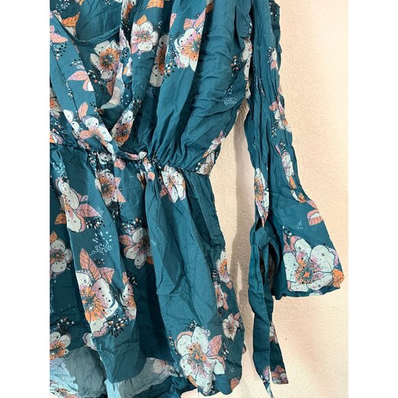 Free People Tuscan Dreams Printed Tunic Blouse Top Womens Medium Teal Floral - Picture 2 of 11
